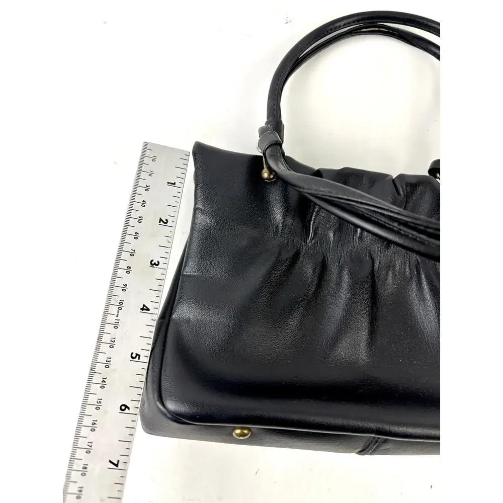 Vintage 1950s 60s‎ Black Gathered Leather Top Handle Purse Clasp Closure